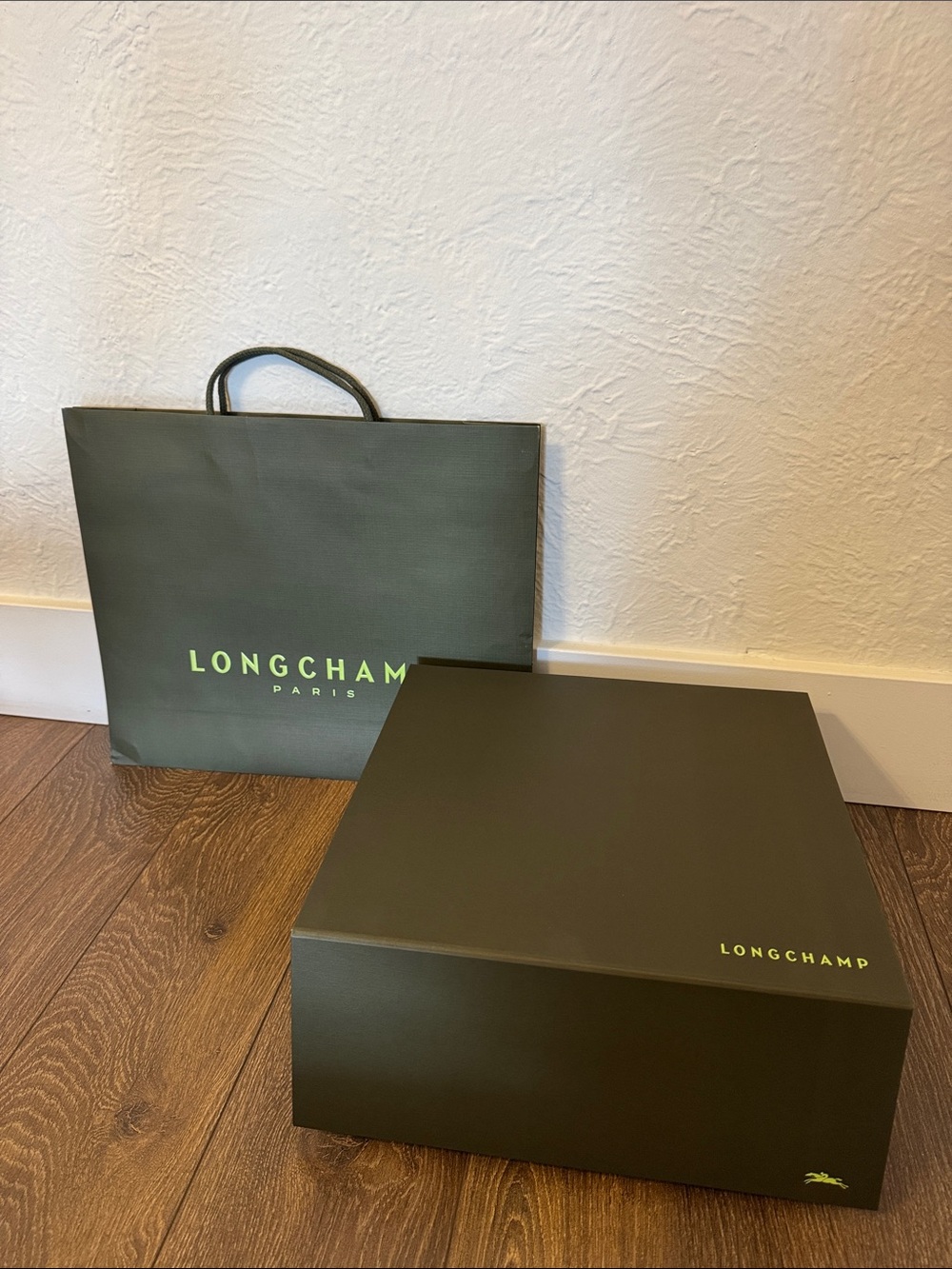 Longchamp Dark Olive Green Gift Box and Shopper with Lime Logo